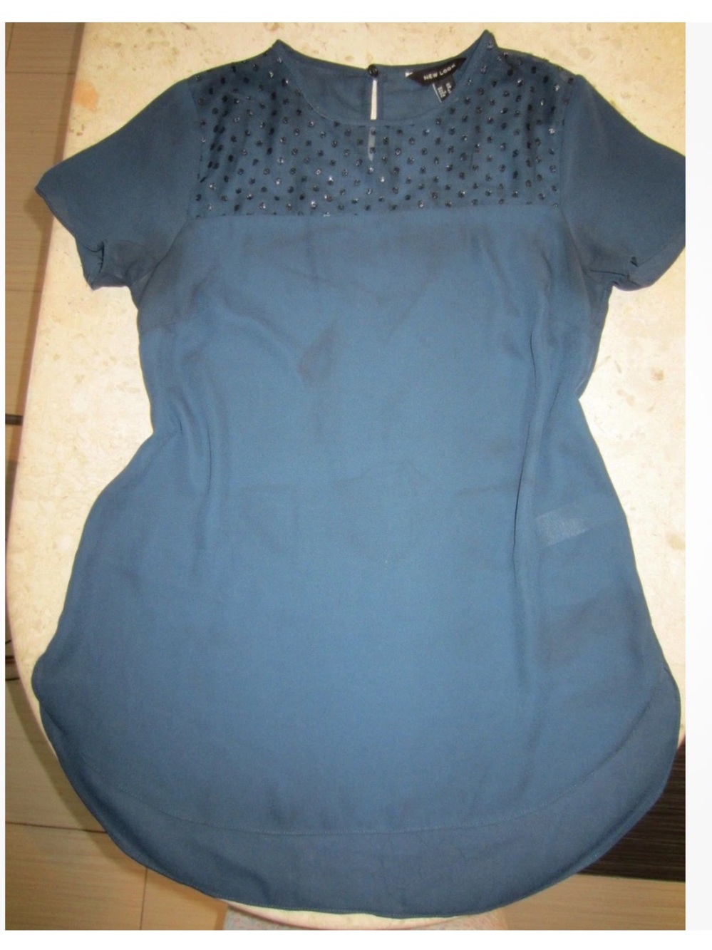 New Look Teal Blue Embellished Yoke Short Sleeve Blouse Top Tee Size 6 US New